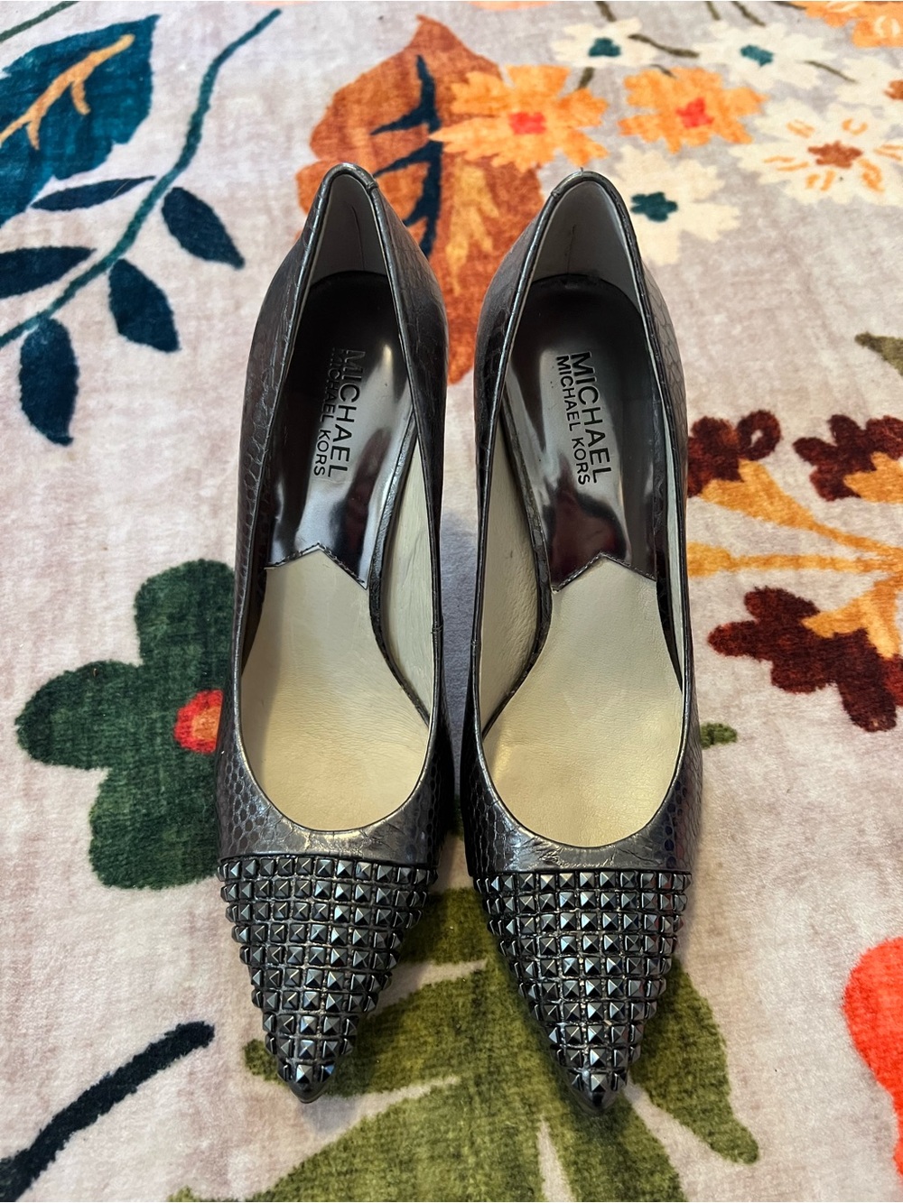 NEW Michael Kors Leather Gunmetal Studded Pointed-Toe Pumps